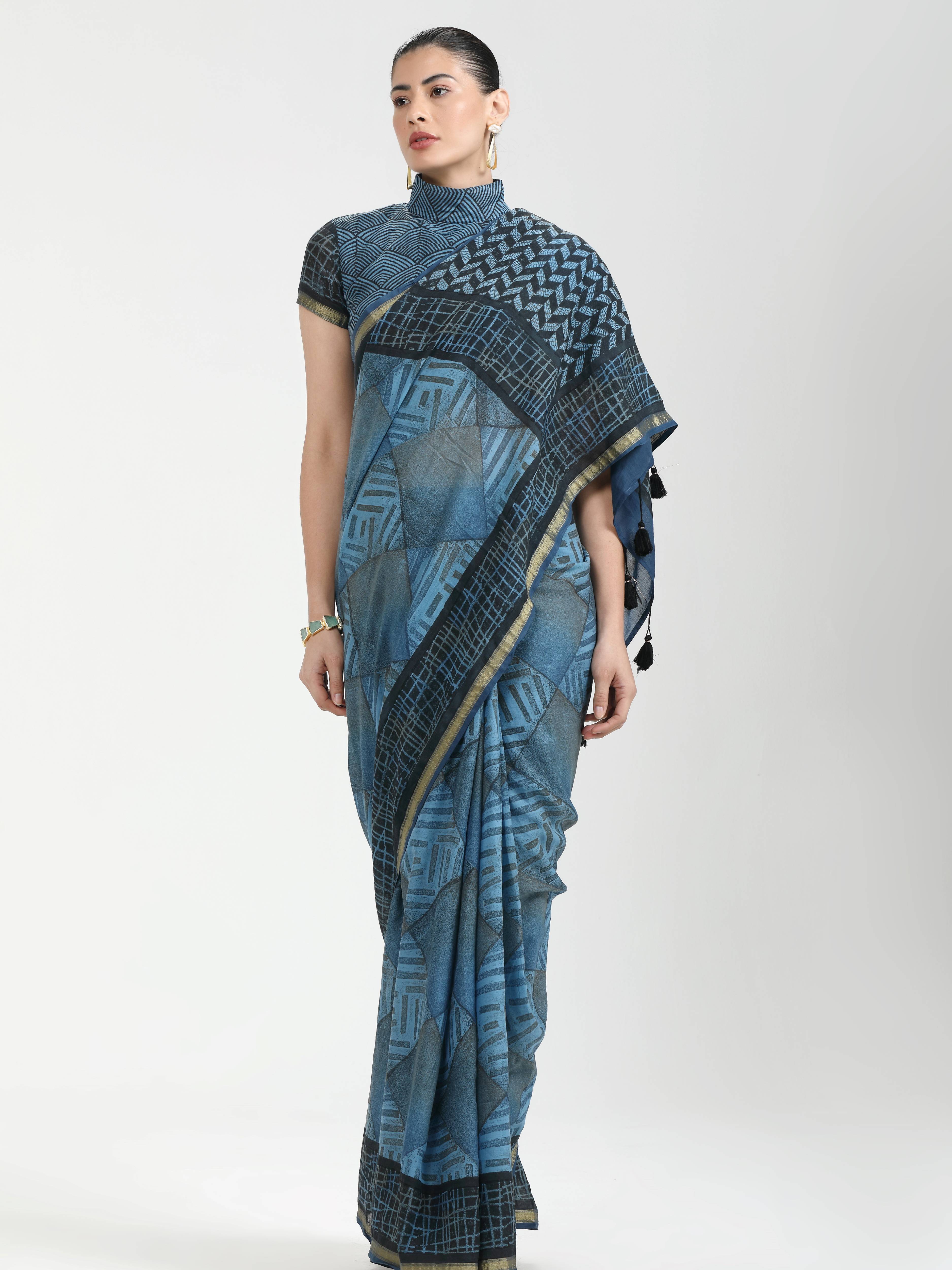 DARK STEEL BLUE VISCOSE MUL LIVA BLOCK PRINTED SAREE