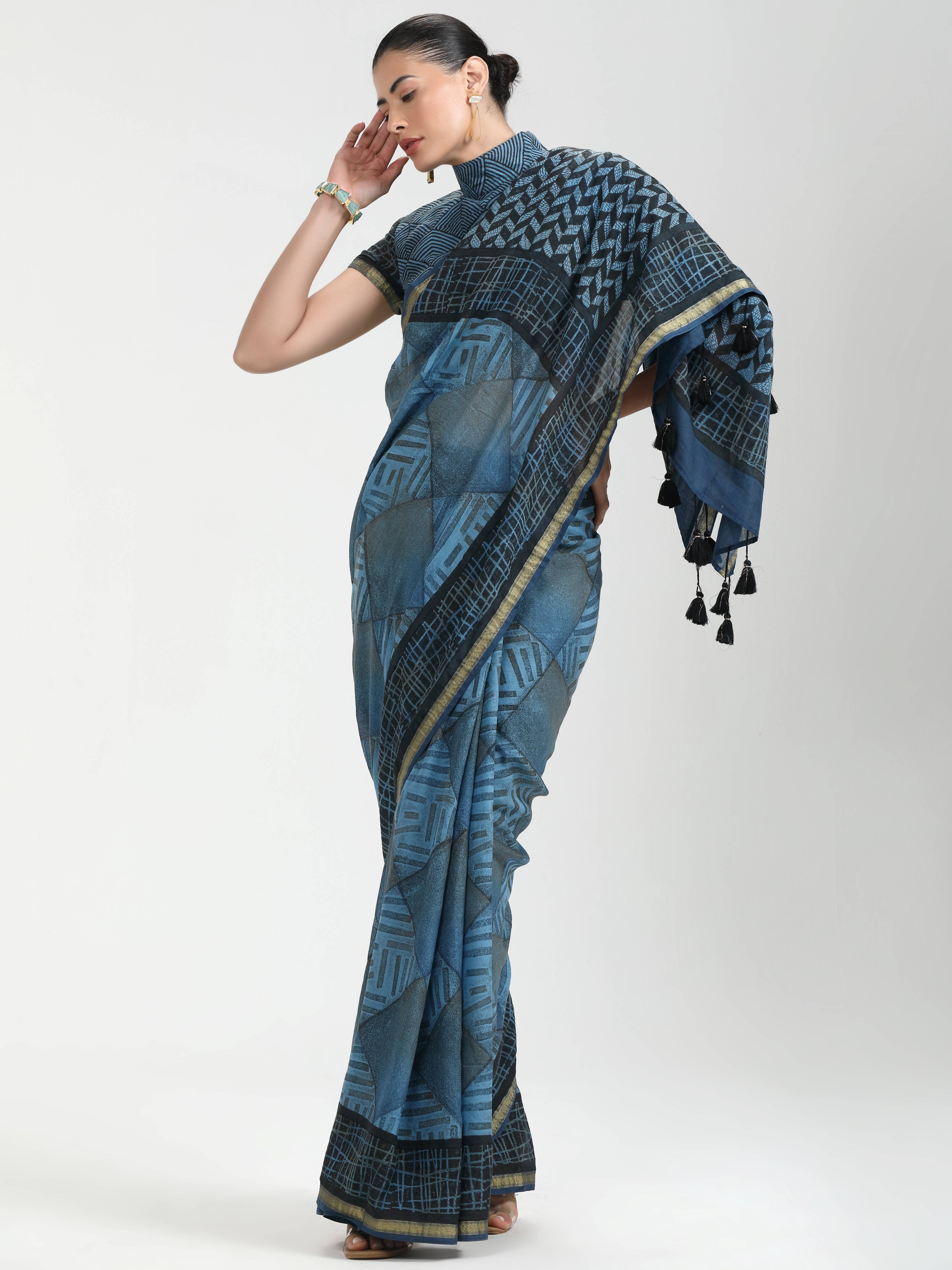 DARK STEEL BLUE VISCOSE MUL LIVA BLOCK PRINTED SAREE