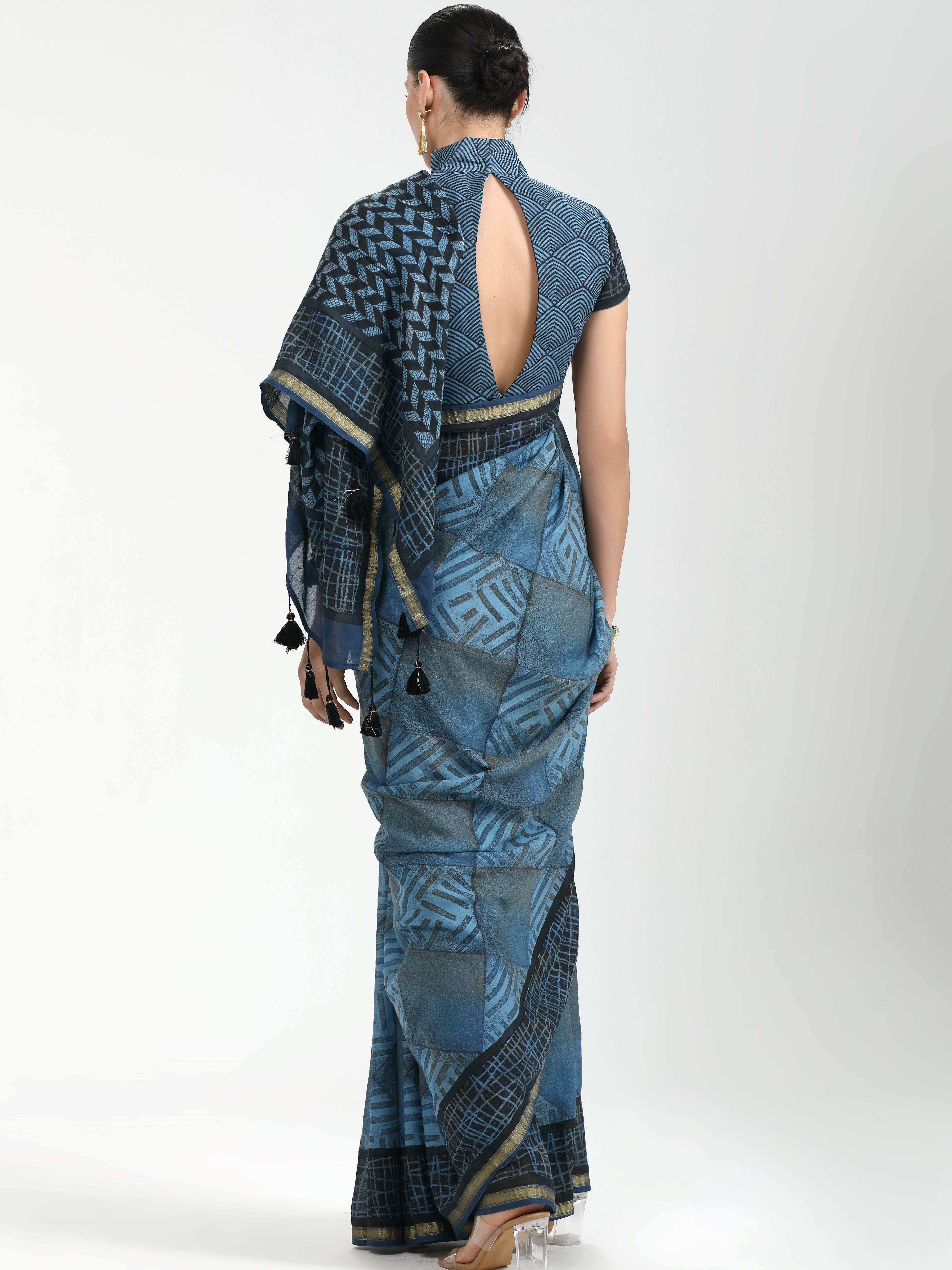 DARK STEEL BLUE VISCOSE MUL LIVA BLOCK PRINTED SAREE