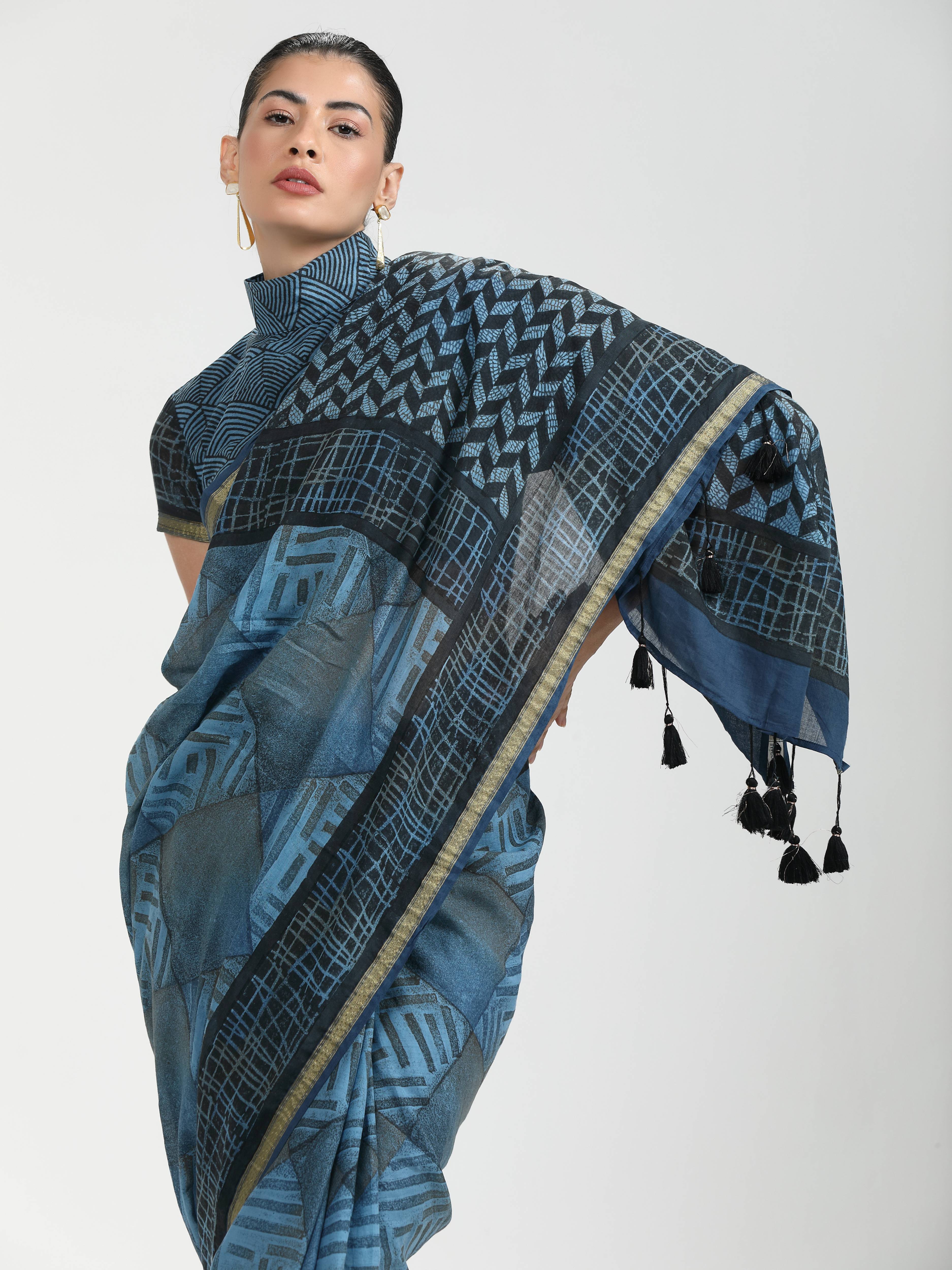 DARK STEEL BLUE VISCOSE MUL LIVA BLOCK PRINTED SAREE