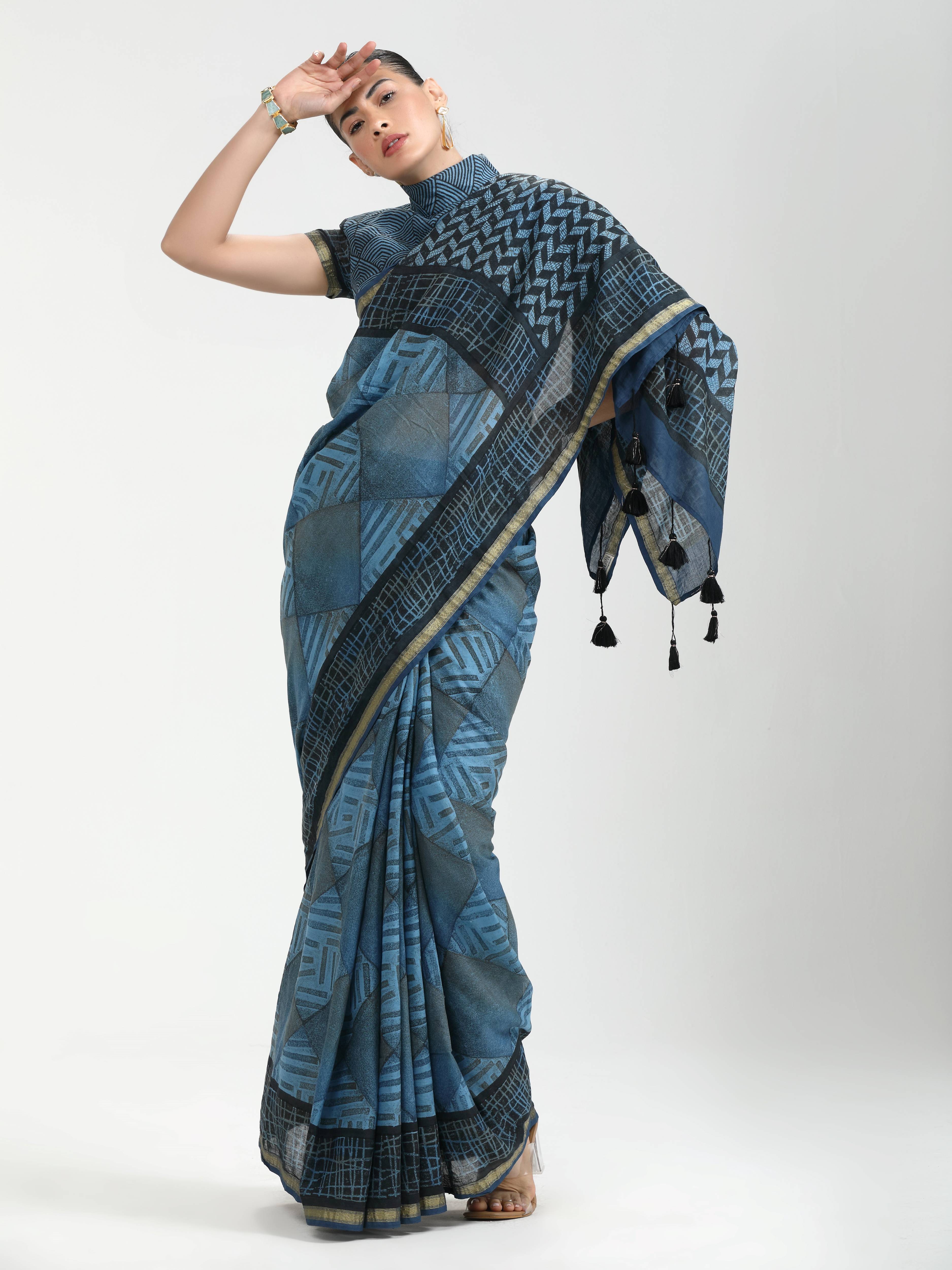 DARK STEEL BLUE VISCOSE MUL LIVA BLOCK PRINTED SAREE