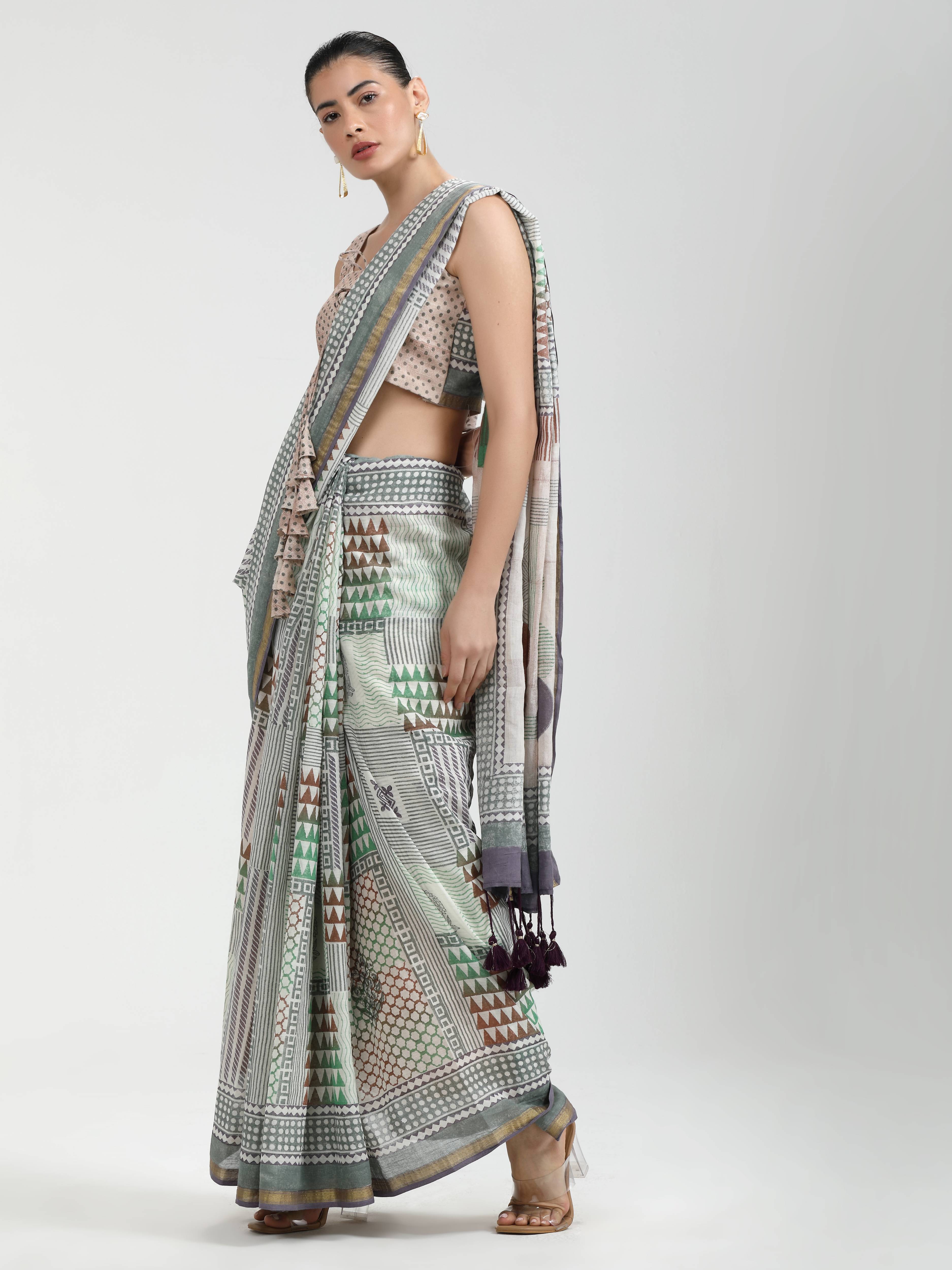 GRAY & WHITE VISCOSE MUL LIVA BLOCK PRINTED SAREE
