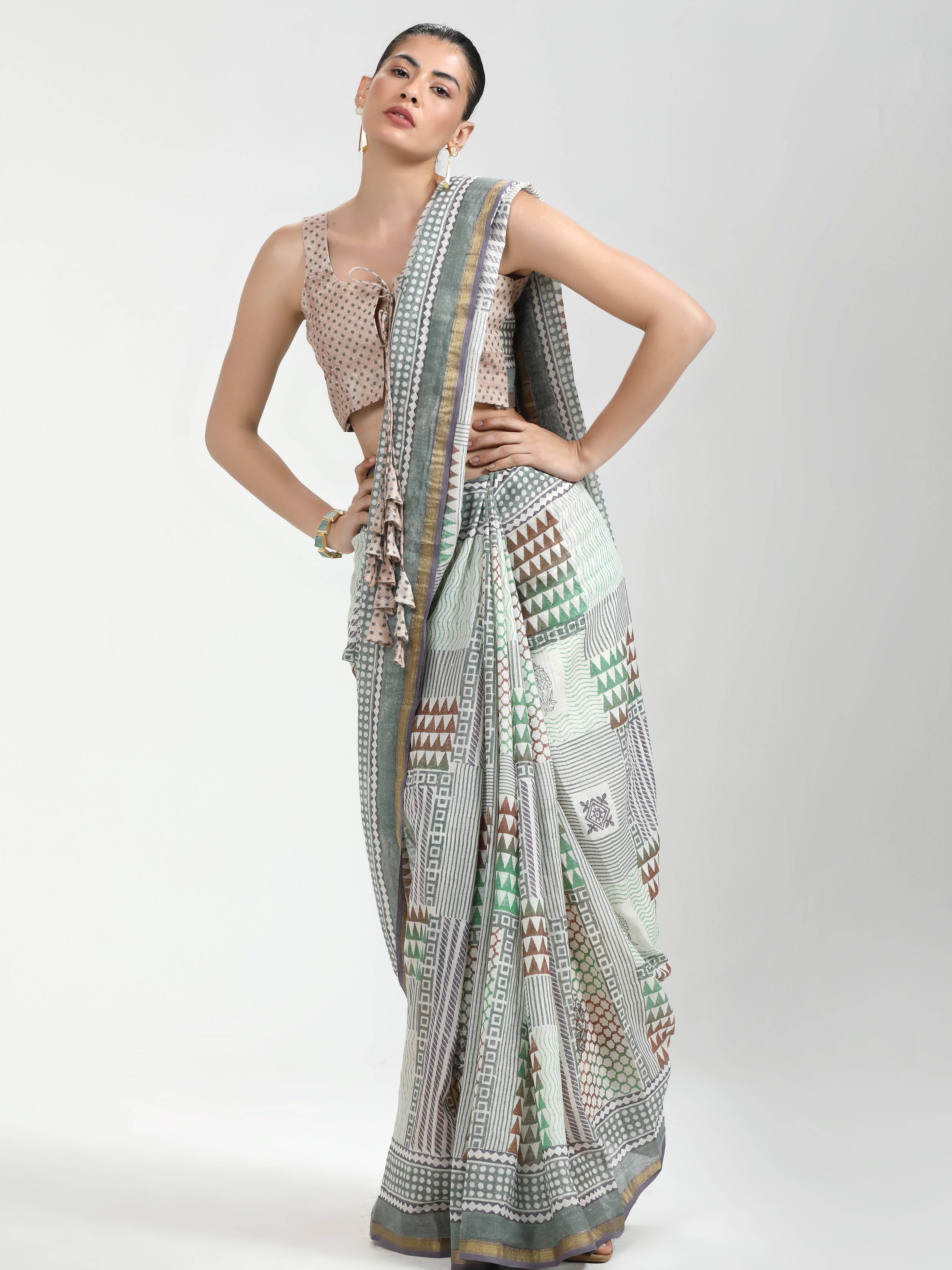 GRAY & WHITE VISCOSE MUL LIVA BLOCK PRINTED SAREE