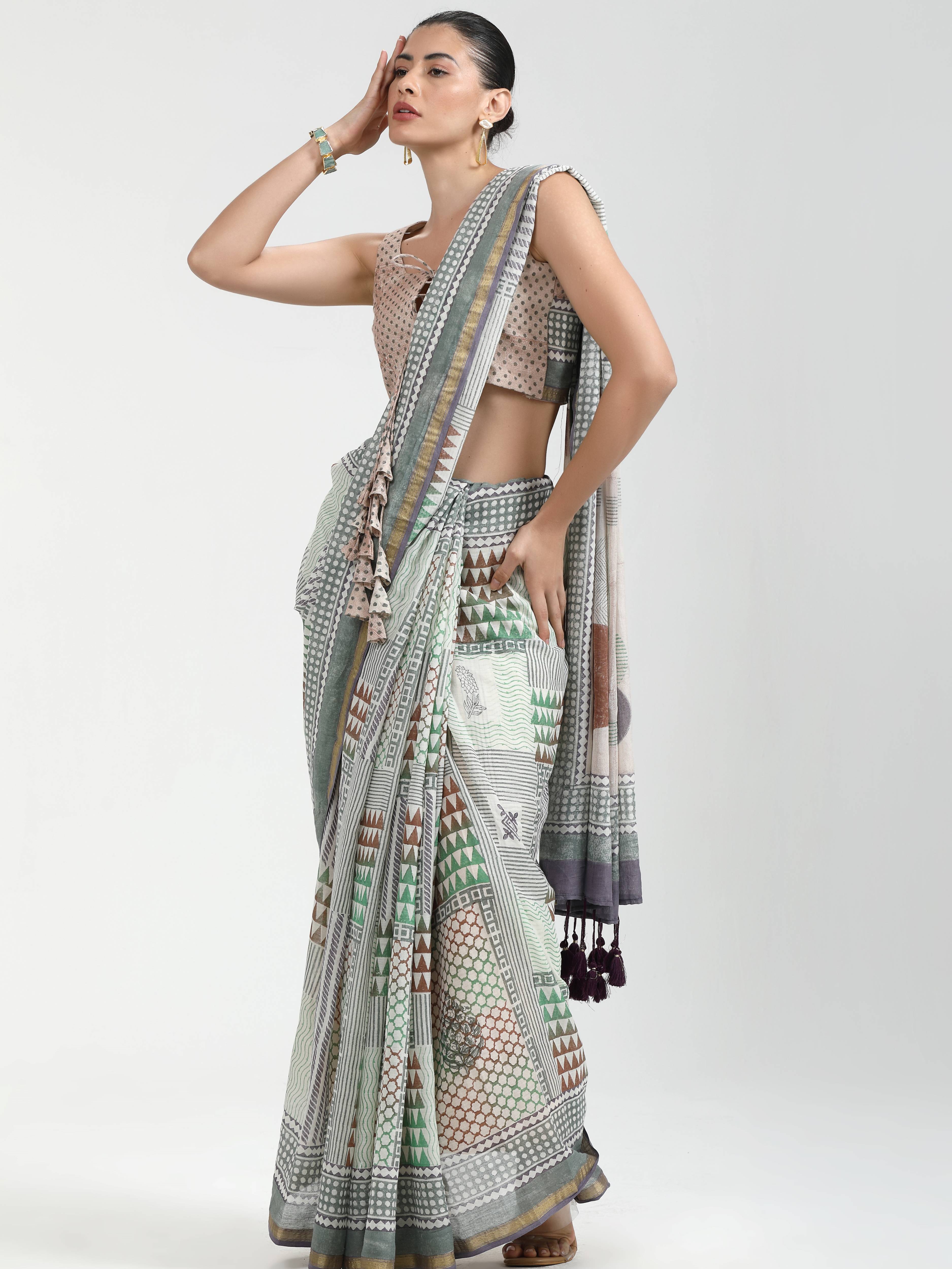 GRAY & WHITE VISCOSE MUL LIVA BLOCK PRINTED SAREE