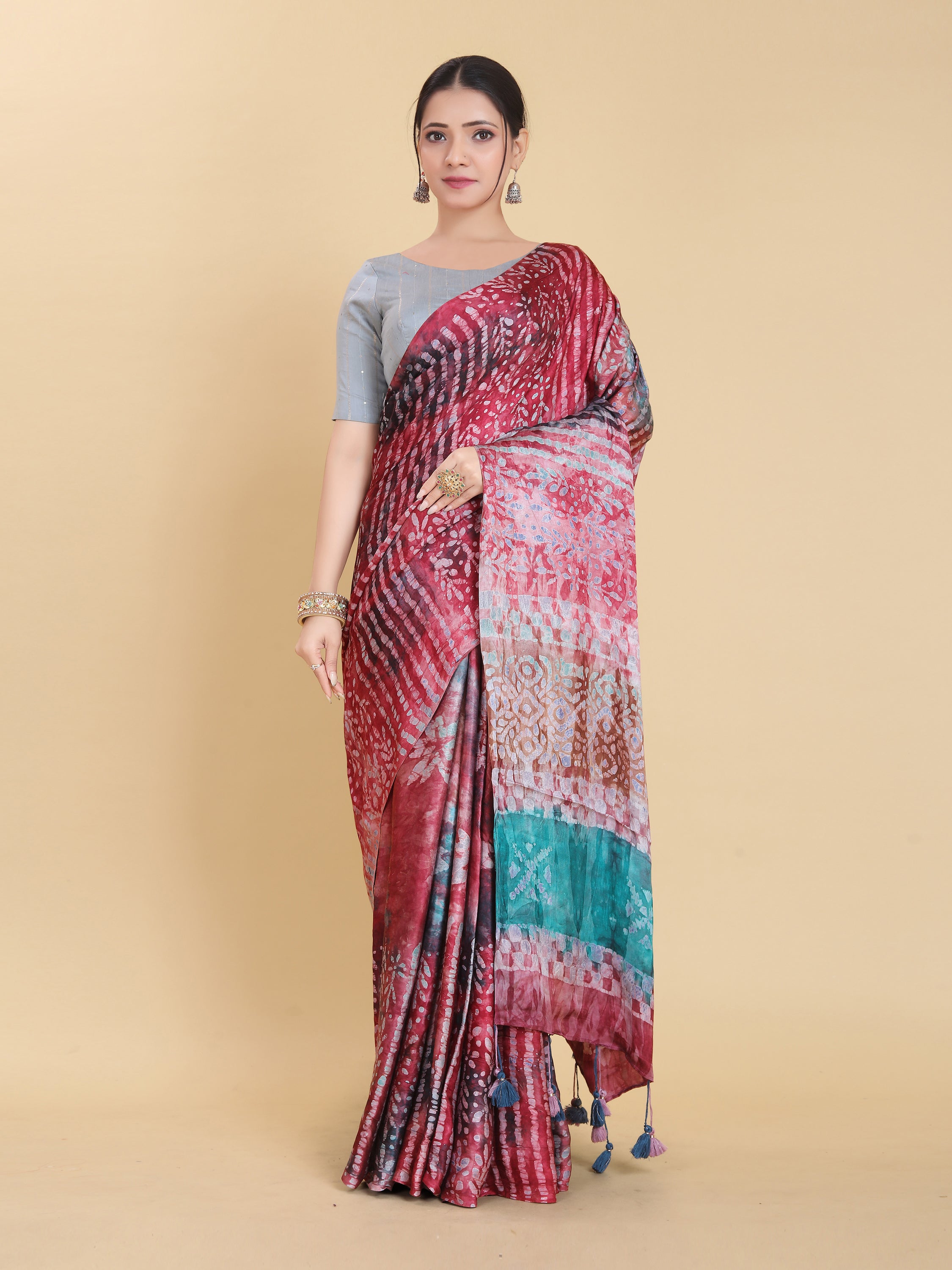 RED BEMBERG SATIN BATIK PRINTED SAREE