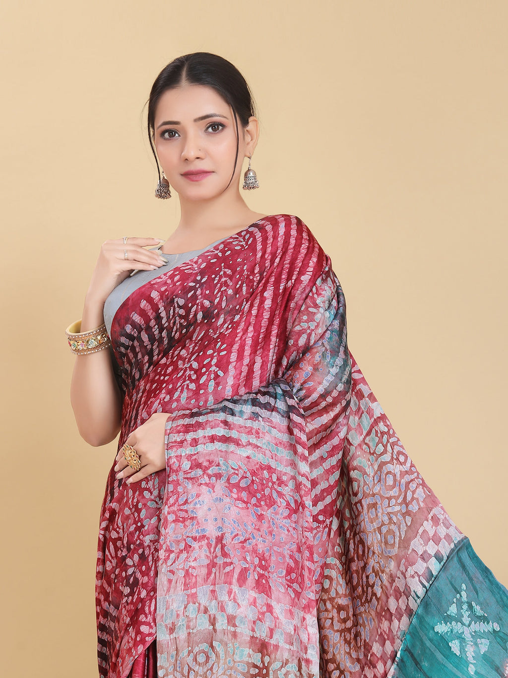 RED BEMBERG SATIN BATIK PRINTED SAREE