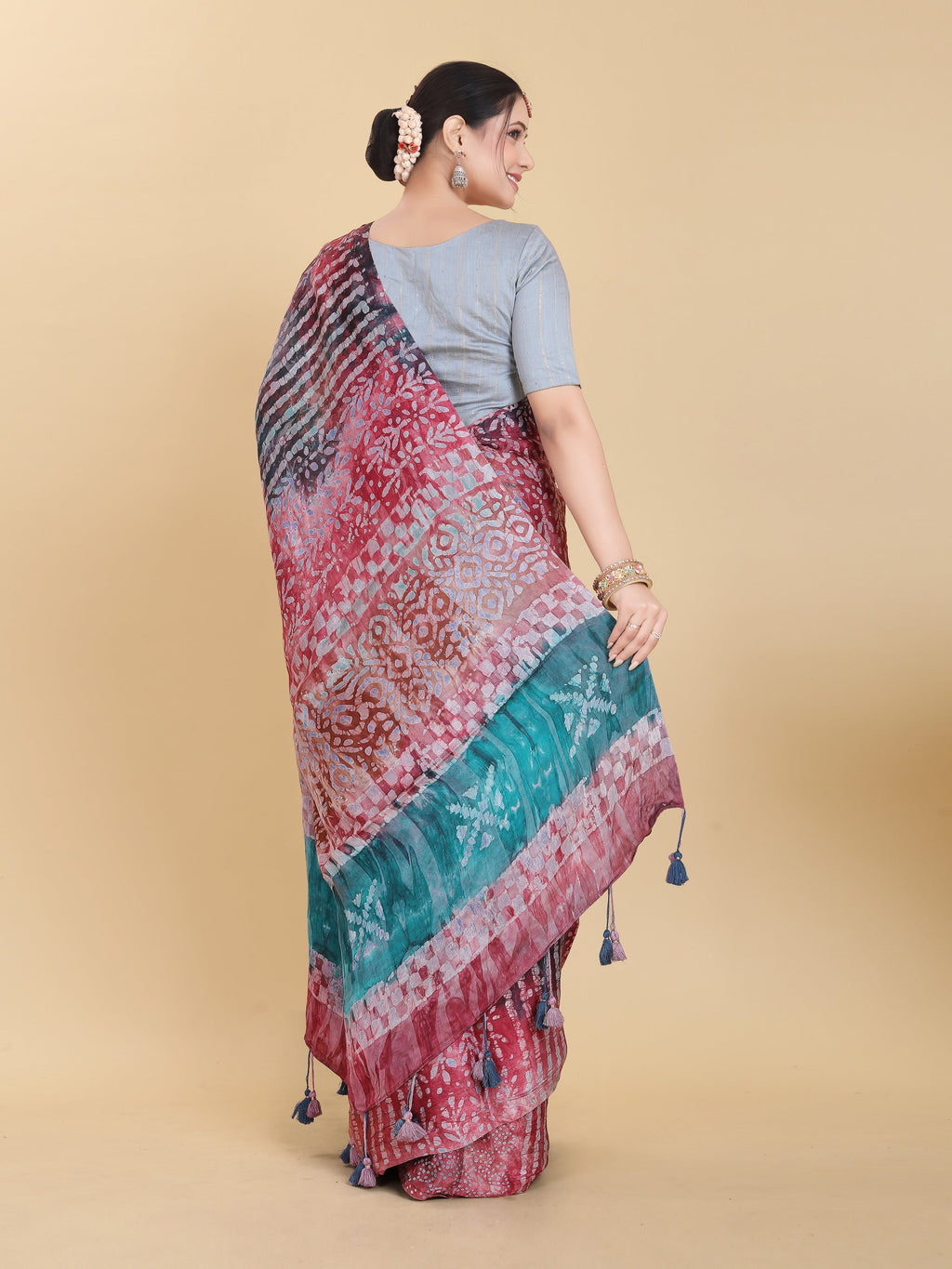 RED BEMBERG SATIN BATIK PRINTED SAREE