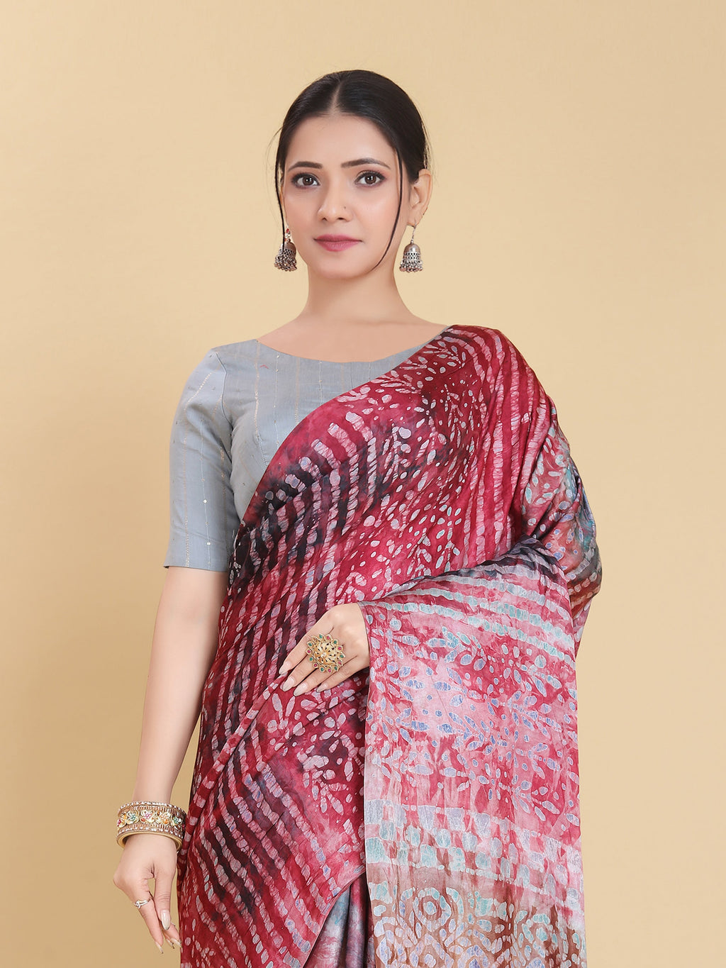 RED BEMBERG SATIN BATIK PRINTED SAREE