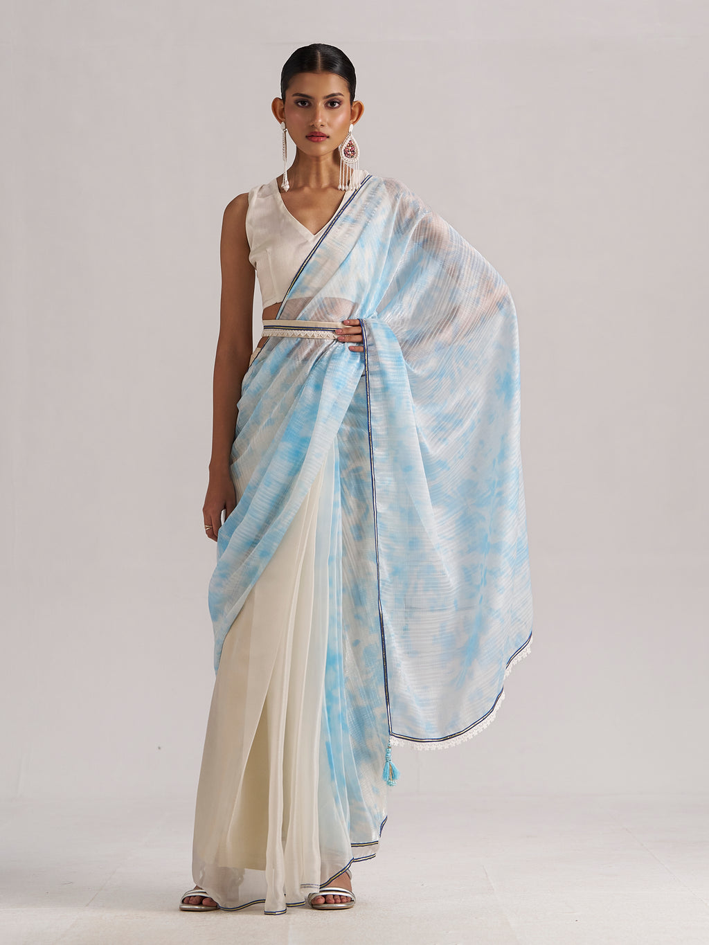 OFF WHITE & SKY SOFT ORGANZA READY TO WEAR SAREE
