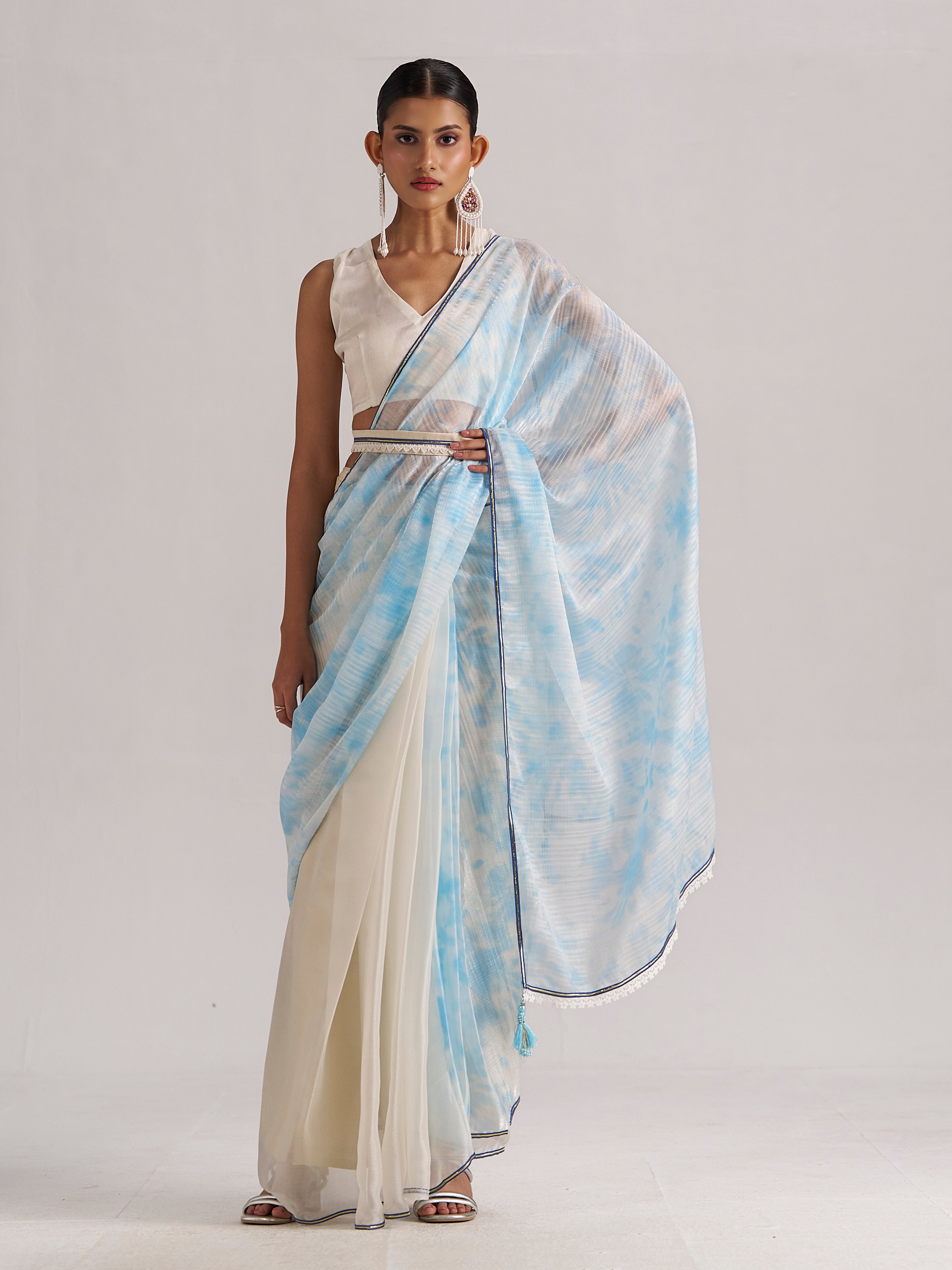 OFF WHITE & SKY SOFT ORGANZA READY TO WEAR SAREE