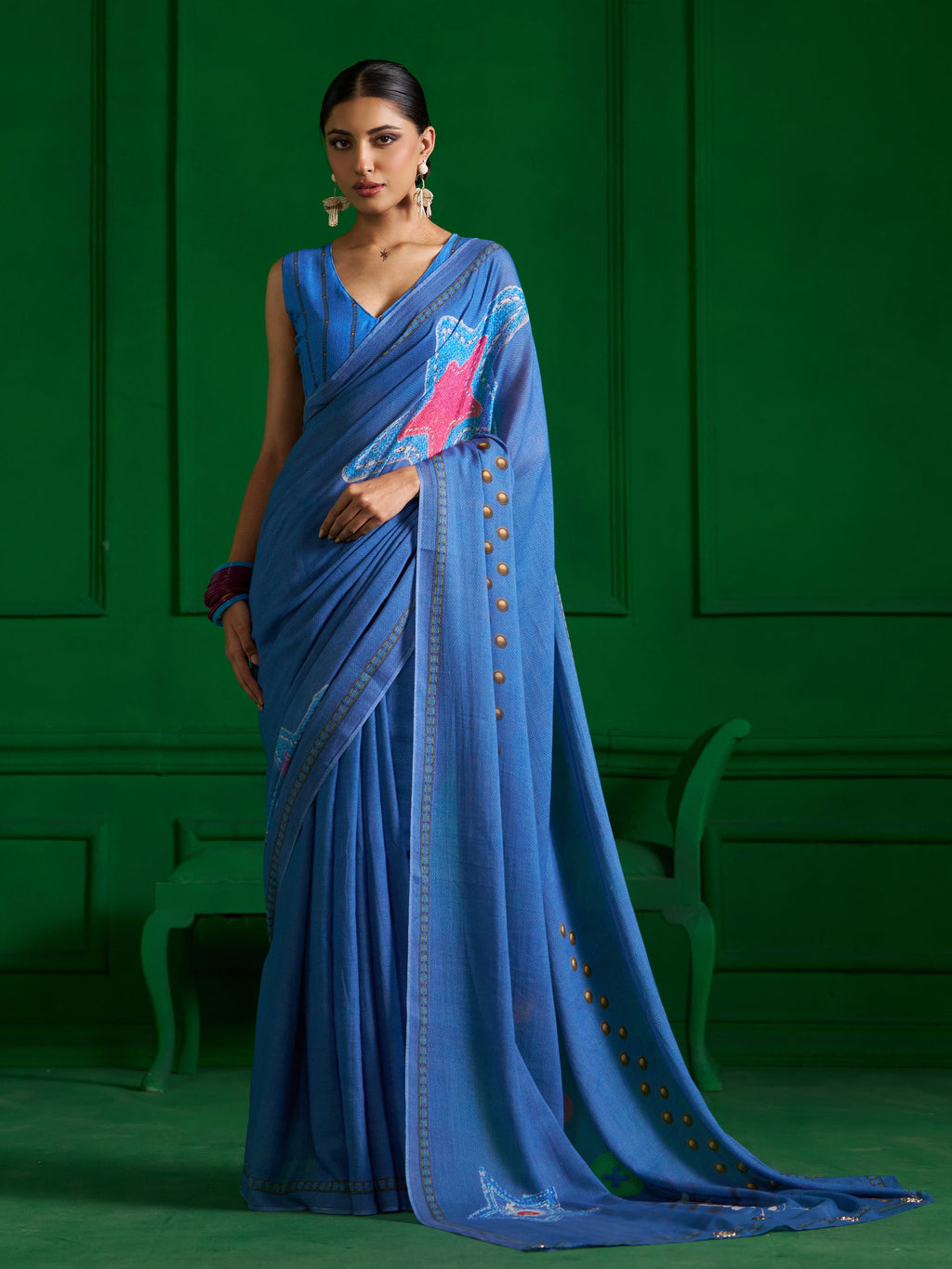 BRIGHT BLUE VISCOSE MUL STUD KNOT DENIM SAREE