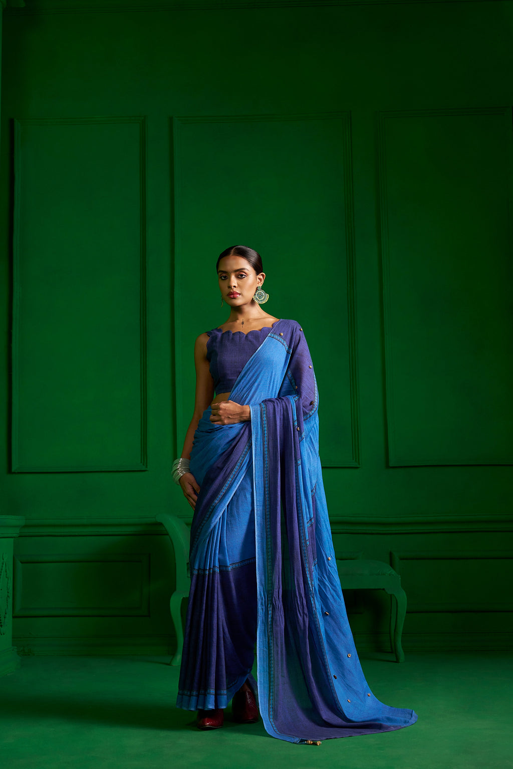 BRIGHT BLUE VISCOSE MUL INDIGO WHIMSY DENIM SAREE