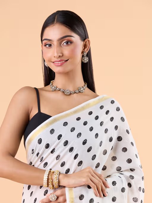 WHITE VISCOSE MUL LIVA POLKA DOTS SAREE