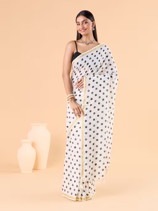 WHITE VISCOSE MUL LIVA POLKA DOTS SAREE