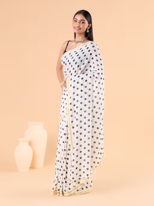 WHITE VISCOSE MUL LIVA POLKA DOTS SAREE