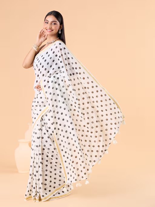 WHITE VISCOSE MUL LIVA POLKA DOTS SAREE
