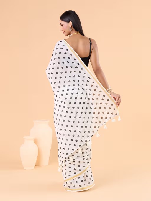 WHITE VISCOSE MUL LIVA POLKA DOTS SAREE