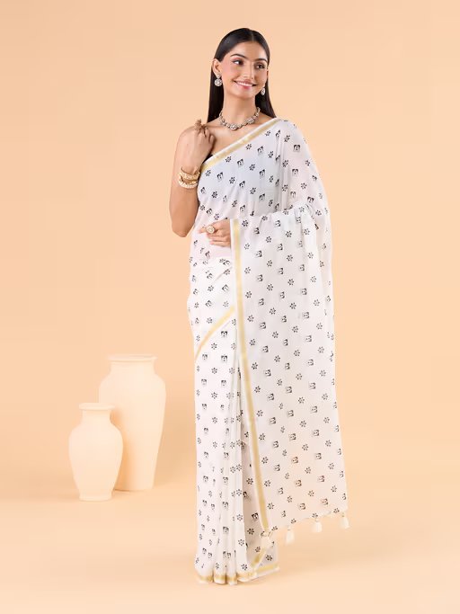 OFF-WHITE VISCOSE MUL LIVA POLKA DOTS SAREE