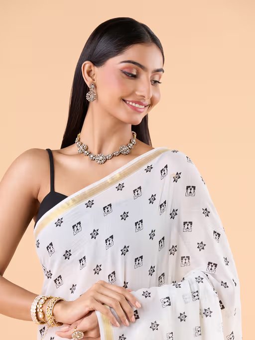 OFF-WHITE VISCOSE MUL LIVA POLKA DOTS SAREE