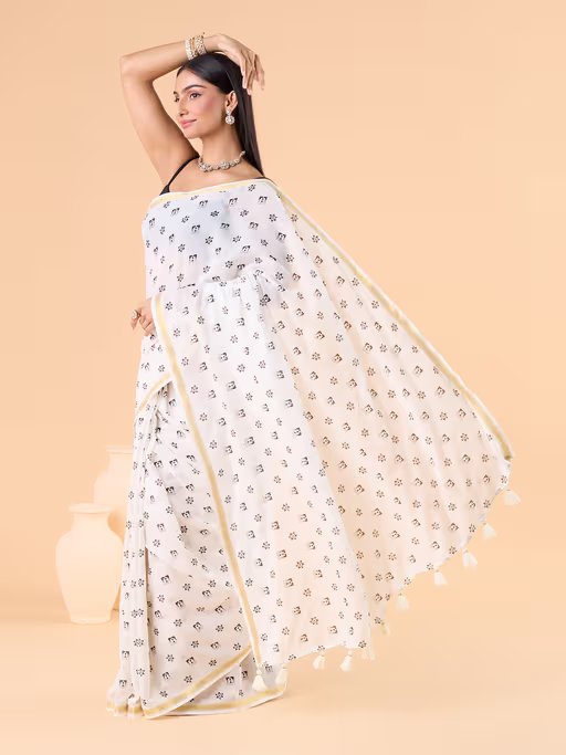 OFF-WHITE VISCOSE MUL LIVA POLKA DOTS SAREE
