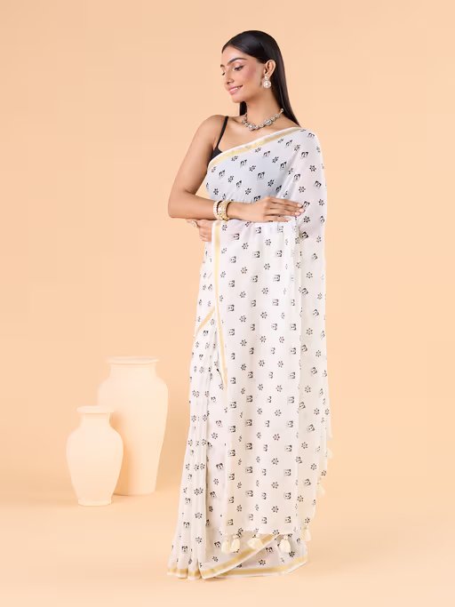 OFF-WHITE VISCOSE MUL LIVA POLKA DOTS SAREE