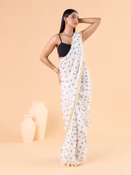 OFF-WHITE VISCOSE MUL LIVA POLKA DOTS SAREE