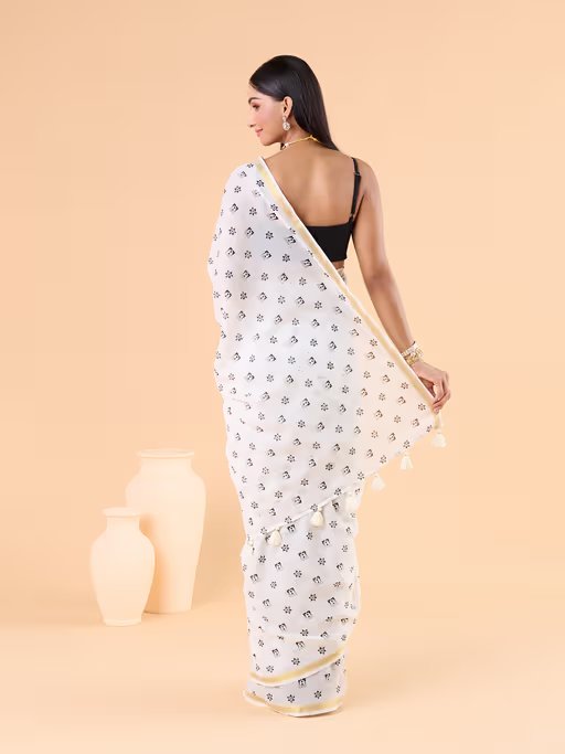 OFF-WHITE VISCOSE MUL LIVA POLKA DOTS SAREE