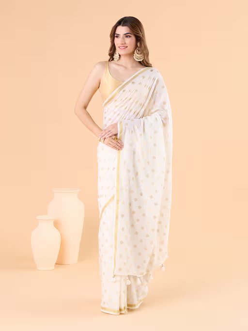 OFF-WHITE VISCOSE MUL POLKA DOTS LIVA SAREE