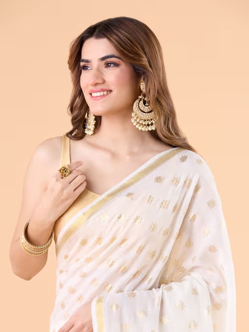 OFF-WHITE VISCOSE MUL POLKA DOTS LIVA SAREE