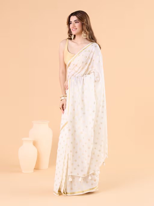 OFF-WHITE VISCOSE MUL POLKA DOTS LIVA SAREE
