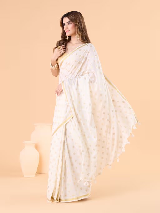 OFF-WHITE VISCOSE MUL POLKA DOTS LIVA SAREE