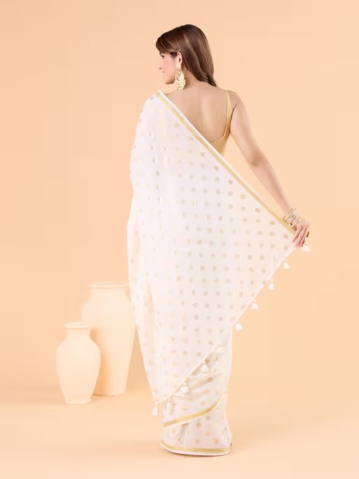 OFF-WHITE VISCOSE MUL POLKA DOTS LIVA SAREE