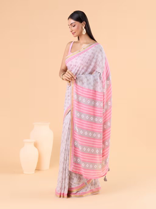 GRAY MODAL MUL CONTEMPORARY PRINTED LIVA SAREE