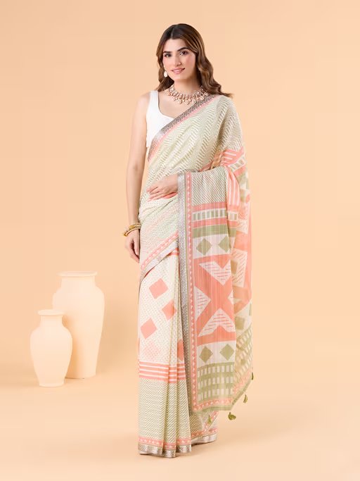 MINT GREEN VISCOSE MUL CONTEMPORARY PRINTED LIVA SAREE