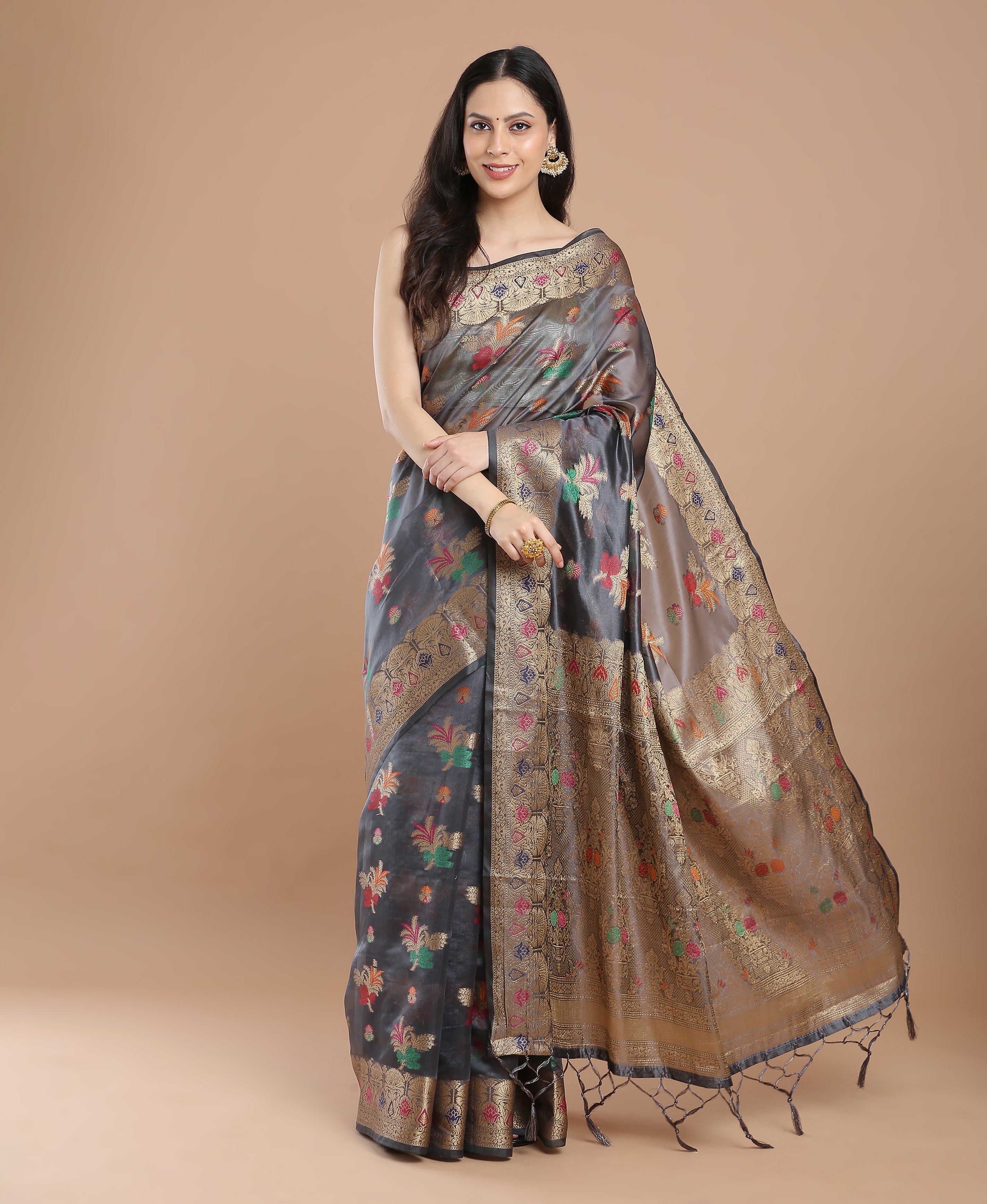 GRAY SILK VICTORIA SAREE