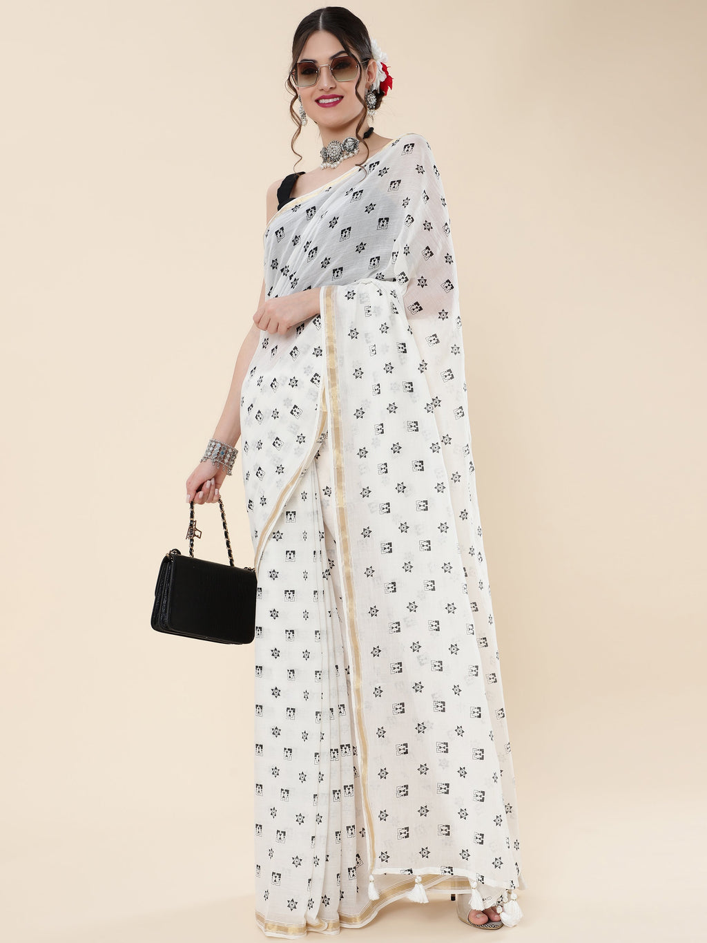 OFF-WHITE VISCOSE MUL LIVA POLKA DOTS SAREE