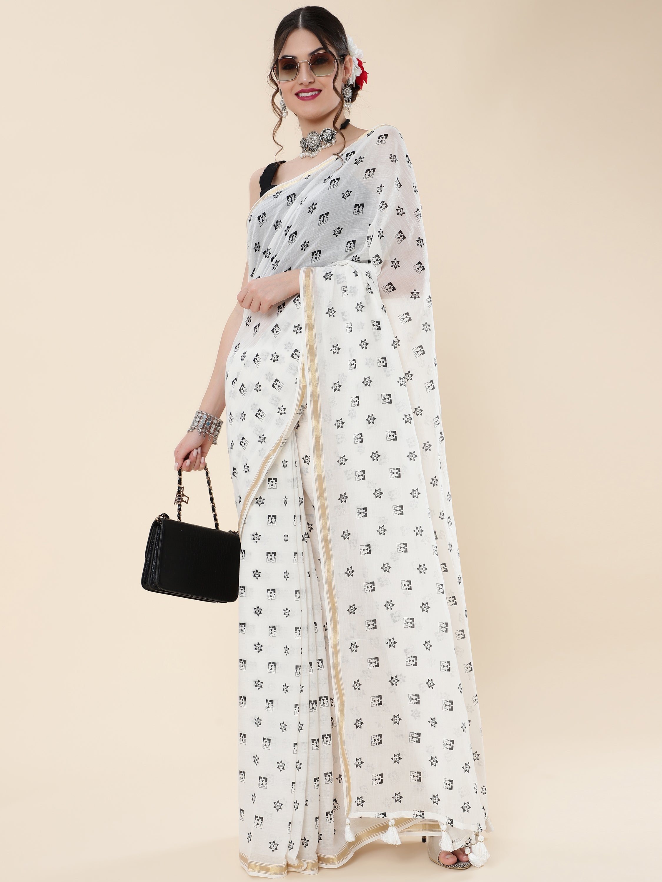 OFF-WHITE VISCOSE MUL LIVA POLKA DOTS SAREE