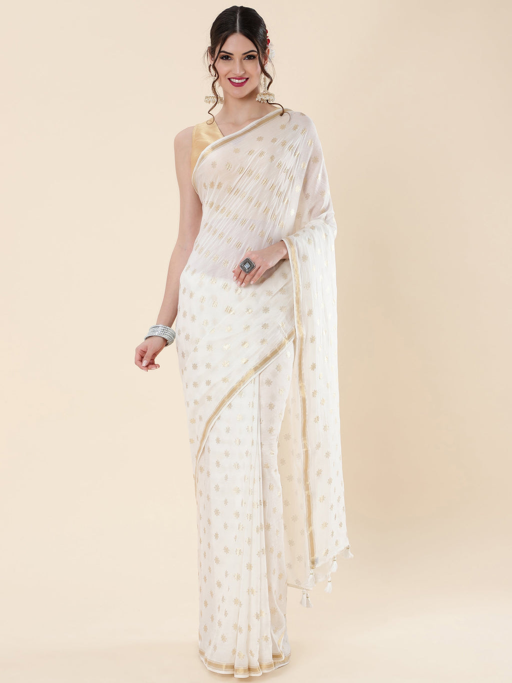 OFF-WHITE VISCOSE MUL POLKA DOTS LIVA SAREE