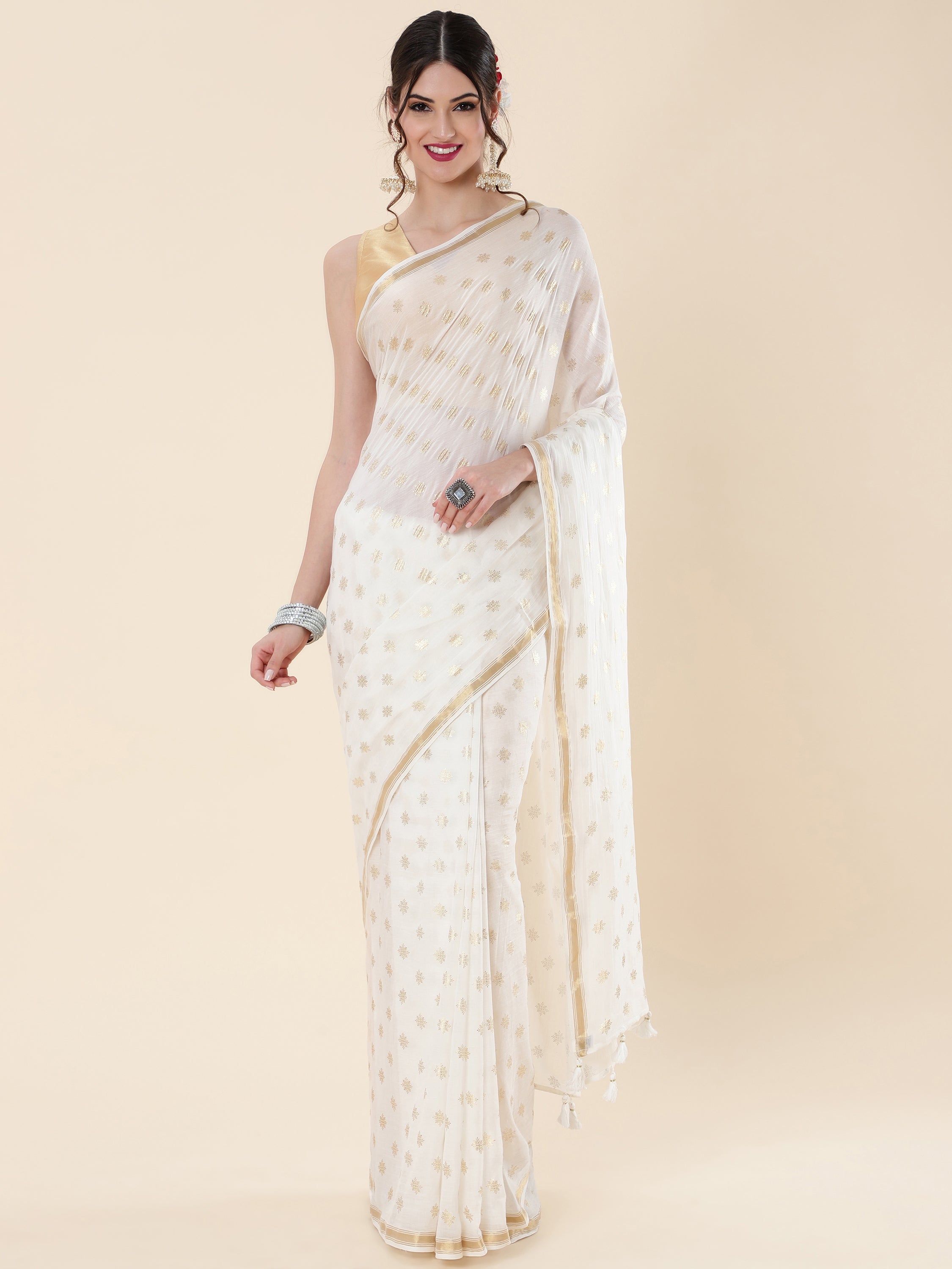 OFF-WHITE VISCOSE MUL POLKA DOTS LIVA SAREE