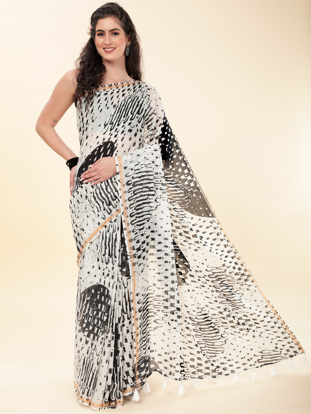 BLACK & WHITE VISCOSE MUL LIVA DIGITAL PRINTED SAREE