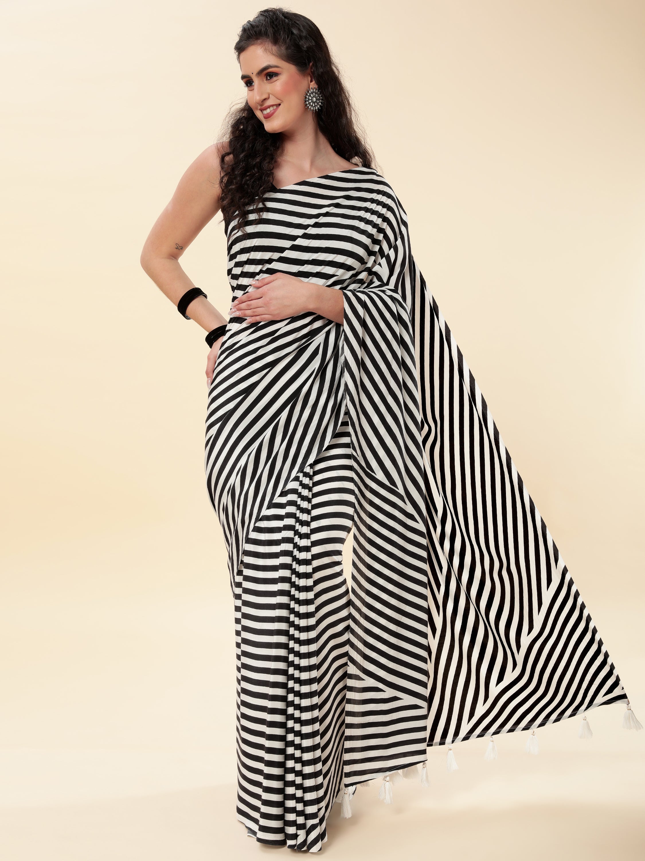 BLACK & WHITE STRIPED MONOCHROME CREPE SAREE