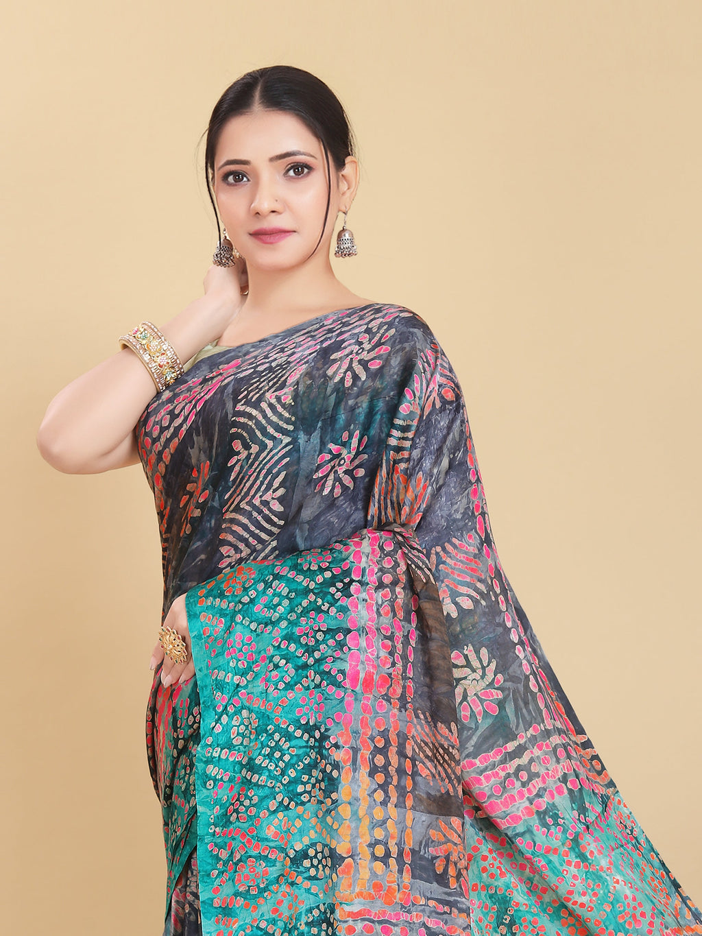 BLUE BEMBERG SATIN BATIK PRINTED SAREE