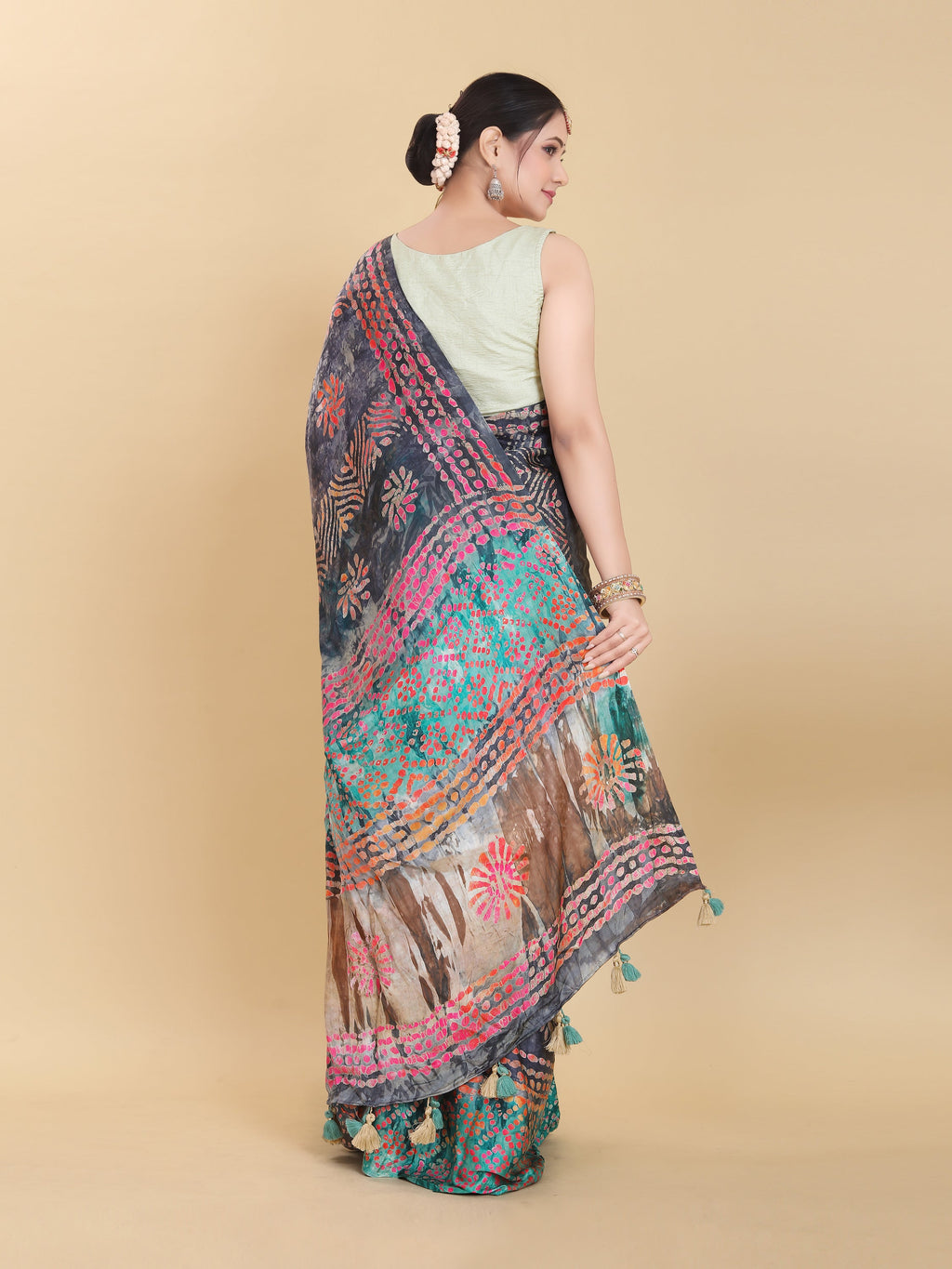 BLUE BEMBERG SATIN BATIK PRINTED SAREE