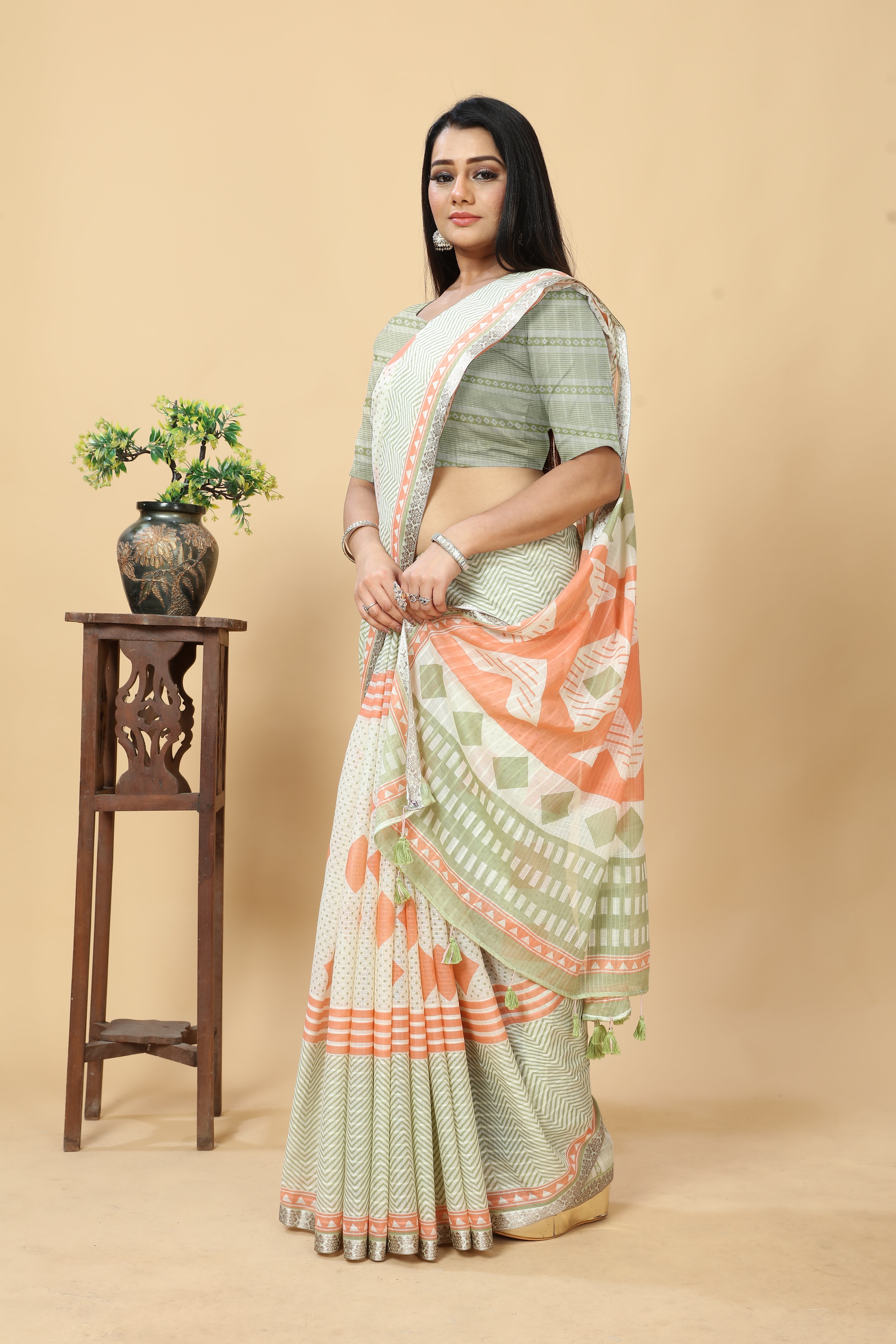 MINT GREEN VISCOSE MUL CONTEMPORARY PRINTED LIVA SAREE