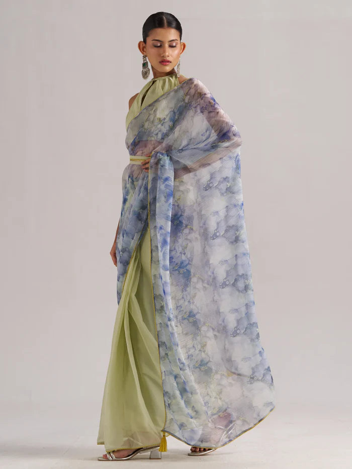AQUA CRYSTAL SOFT ORGANZA READY-TO-WEAR SAREE