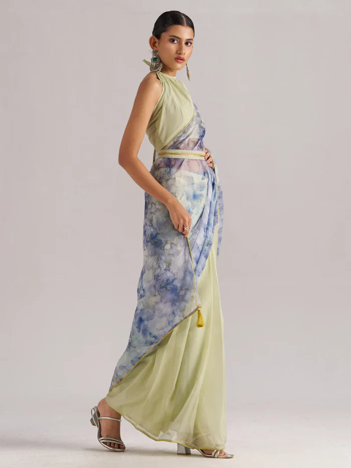 AQUA CRYSTAL SOFT ORGANZA READY-TO-WEAR SAREE