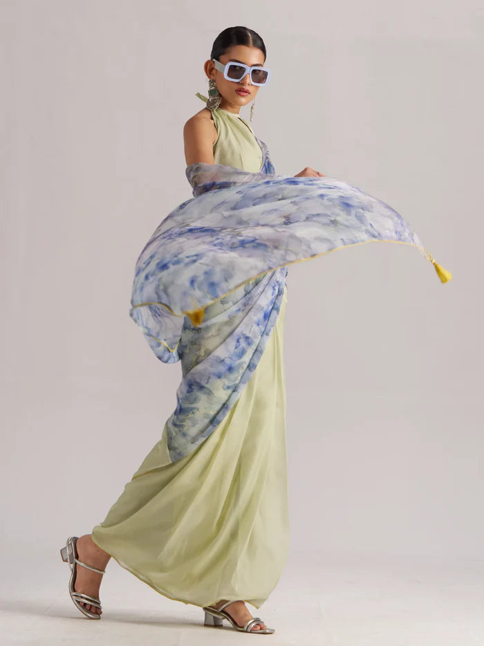 AQUA CRYSTAL SOFT ORGANZA READY-TO-WEAR SAREE