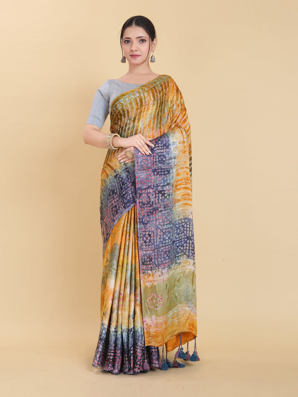 YELLOW BEMBERG SATIN BATIK PRINTED SAREE