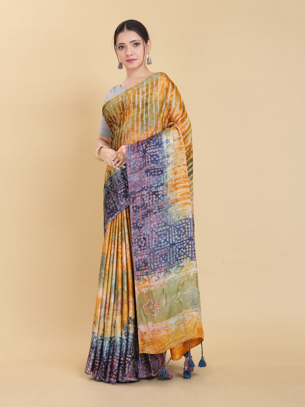 YELLOW BEMBERG SATIN BATIK PRINTED SAREE