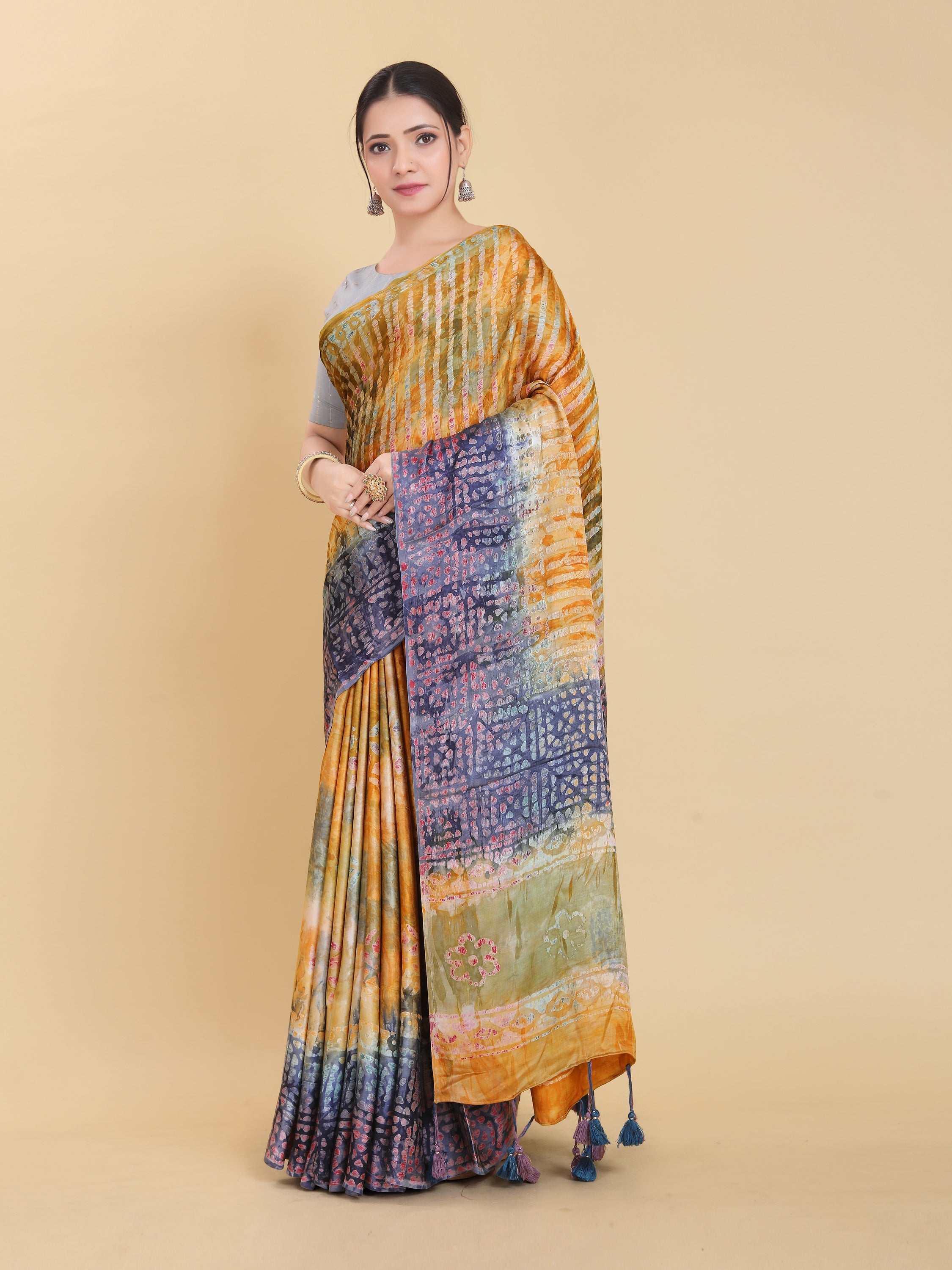 YELLOW BEMBERG SATIN BATIK PRINTED SAREE